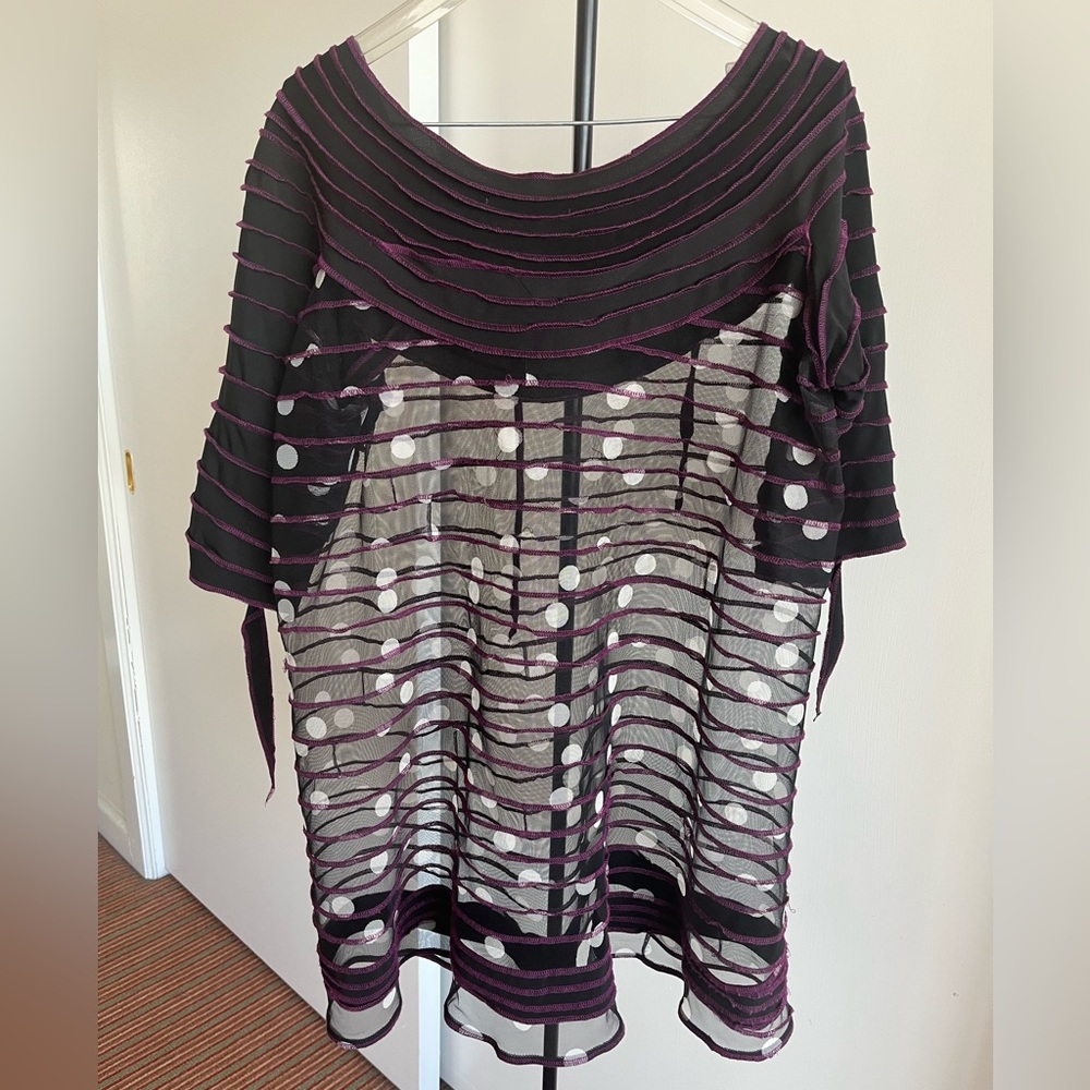 Unique Designer sexy sheer scoop neck black & white polka dot tunic dress top